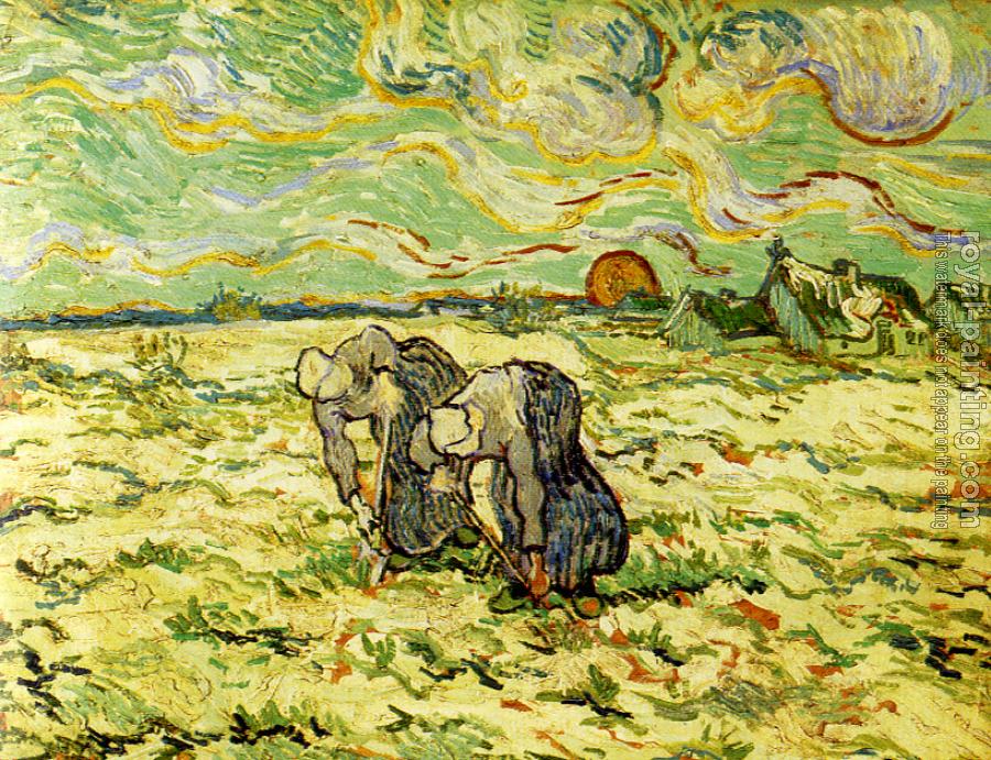 Vincent Van Gogh : Two Peasant Women Digging in a Snow-Covered Field at Sunset